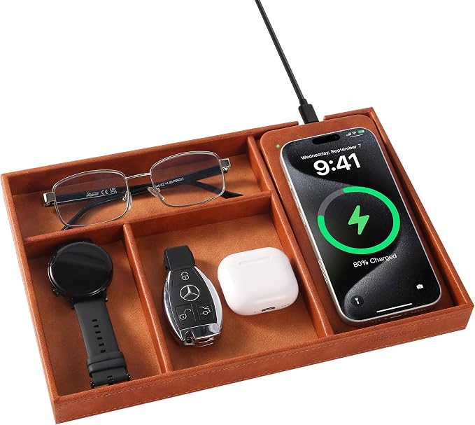Valet Tray, Built in Wireless Charging Pad, Nightstand Organizer, Two-Toned Premium Vegan Leather Desk Bedside Caddy Organizer Tray for Keys, Watch, Wallet,Jewelry (Brown Patchwork) by wirelessfuturecharger
