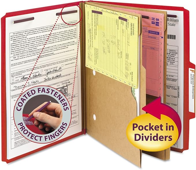 Smead Pressboard Classification File Folder with SafeSHIELD Fasteners, 2 Pocket Dividers, 2" Expansion, Letter Size, Bright Red, 10 per Box (14082) by SMEAD