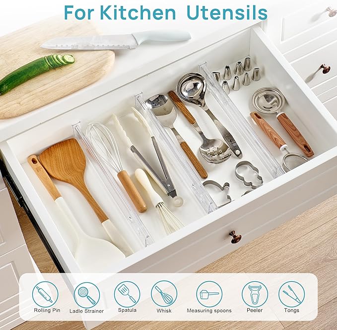 Vtopmart 2.36" Short Upgrade Drawer Dividers 12.8"-22.3" Expandable 12 Pack | Adjustable Kitchen Drawer Organizer, Clear Plastic Separator for Flatware, Utensils, Cutlery, Underwear Storage, Space Saving - Image 3