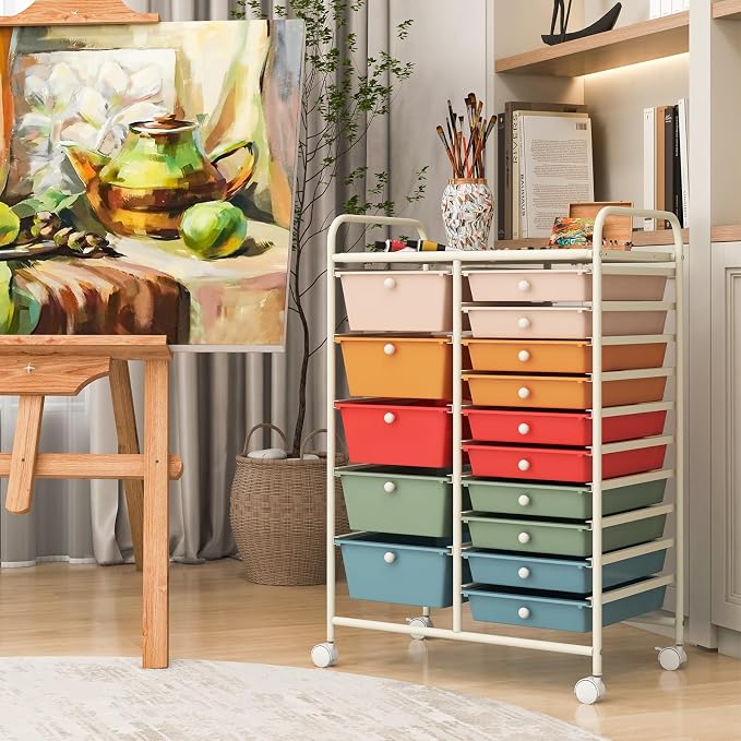 COSTWAY 15 Drawer Rolling Storage Cart, Mobile Storage Organizer | Removable Drawers & Metal Frame, Multipurpose Utility Tools Paper Organizer on Wheels for Home, Office (Macaron) - Image 7