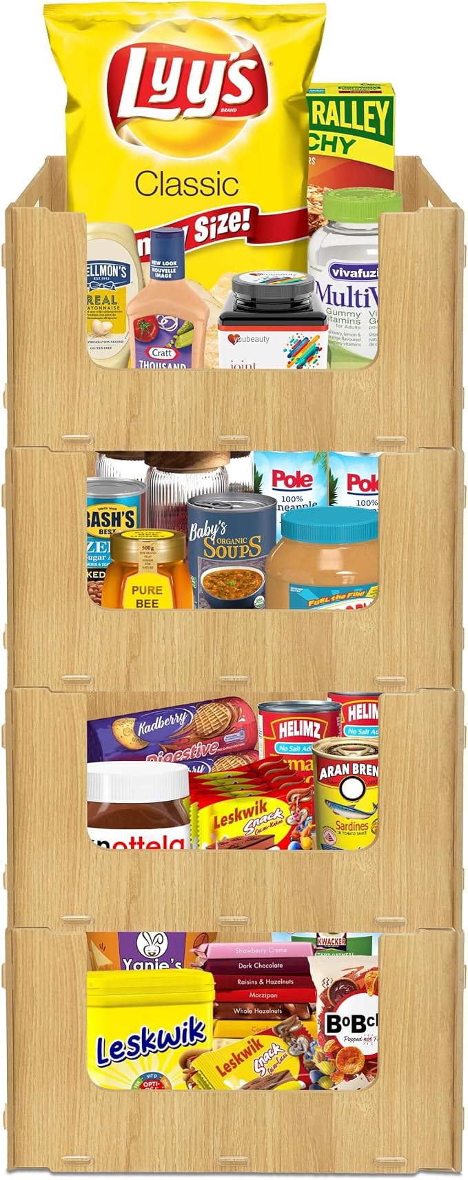 Skywin Wooden Stackable Storage Bins Open Front for Pantry Storage, 4 Pack | Easy Stacking, Open Front Design, Space Saving Pantry Organizers and Storage Bin for Snacks, Toiletries, and Home Essentials by Skywin