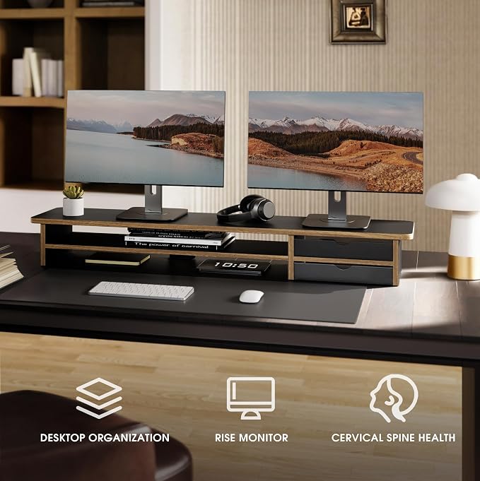 Fenge Monitor Stand, Desk Computer Riser with Frosted Storage Drawer, Black | 42.5 Inch Dual Monitor Riser, 2 Tiers, Cable Management, Desk Shelf for 2 Monitors, Ultrawide Screen, Laptop, TV, Home Office - Image 5