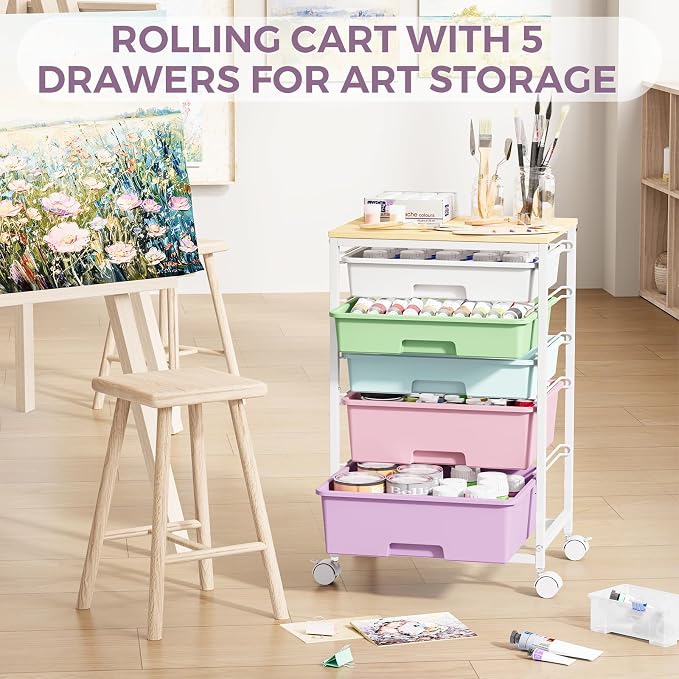 SYKIARIOL 5-Tier Rolling Cart with Drawers with Wooden Top, Ice Cream | Mobile Craft Storage Drawer Cart Trolley for Home Office, Classroom, Craft Room & Kid Room - Image 7