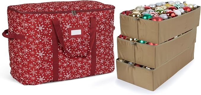 Covermates Keepsakes Adjustable Ornament Storage Bag – Heavy-Duty Polyester, Padded Dividers & FlexGrid Trays – Protective Holiday Ornament Organizer with Handles & Label Window, Red Snowflake by Covermates