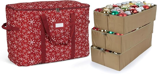 Covermates Keepsakes Adjustable Ornament Storage Bag – Heavy-Duty Polyester, Padded Dividers & FlexGrid Trays – Protective Holiday Ornament Organizer with Handles & Label Window, Red Snowflake by Covermates