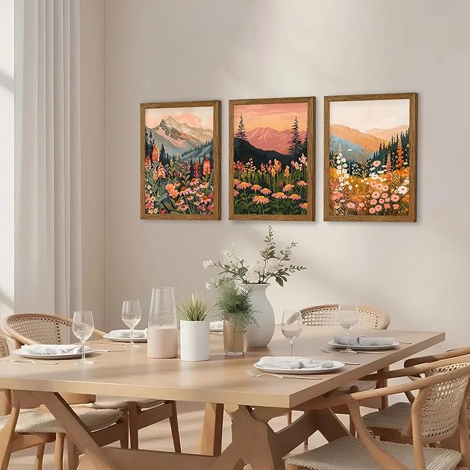 InspiredHues Colorful Landscape Boho Canvas Wall Art Set, 3 Piece Wildflower Mountain Wall Decor, Vintage Floral Rustic Nature Artwork Prints for Living Room Bedroom Office 12x16 Inch Wood Framed