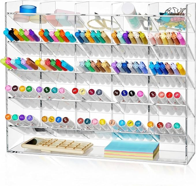 MotiMind Acrylic Pen Organizer Storage for 300 Markers Vertical Marker Organizer Acrylic Pen Display Holder for Office Desk Desktop Stationery Pencil Storage, Clear, 15 x 4 x 12.4 Inch by MotiMind