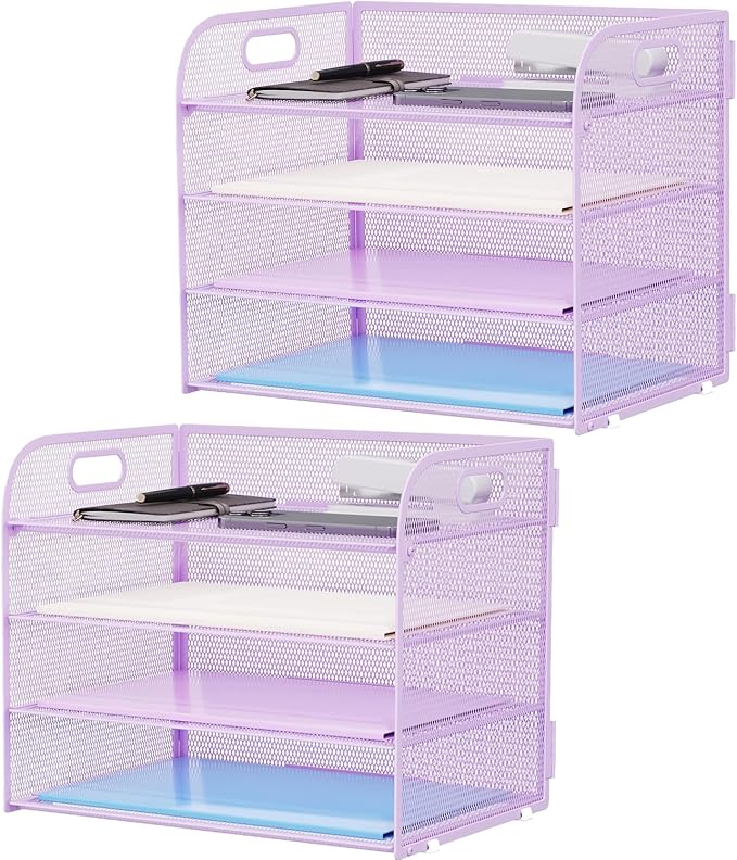 Marbrasse 2 Pack 4 Tier Paper Organizer Letter Tray - Mesh Desk File Organizer with Handle, Paper Sorter Organizer for Letter/A4 Office File Folder Holder (Purple, 12.6" x 9.1" x 10.7") by Marbrasse
