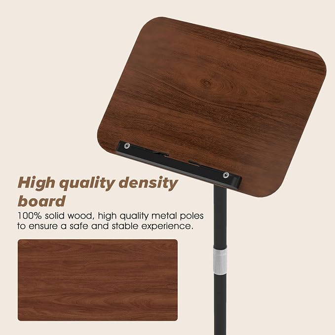 2 in 1 Adjustable Music Stand for Sheet Music, Dual Use Desktop and Floor, Book Stand with Tray & Elastic Page Clips for Music Sheet, Recipe, Tablet, Laptop Height Adjustable 23.5-52 in (Walnut) - Image 8