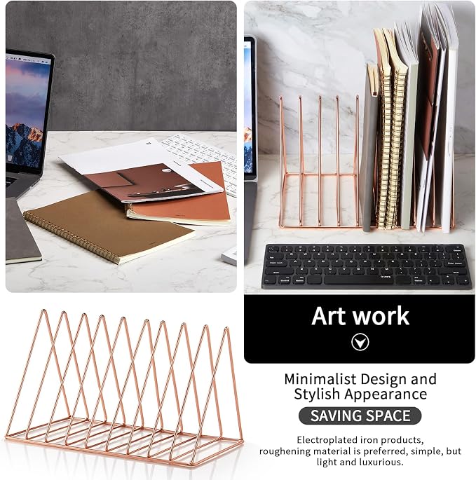 6 Pieces Magazine Holder Triangle File Holder Book Record Metal Vinyl Record Storage Magazine Rack Multifunction Triangle File Organizer Sorter for Decor Home Office (Rose Gold) - Image 4