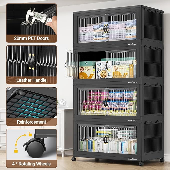 BROVIEW 600Qt Extra Large Stackable Storage Bins with Lids, Closet Organizer Collapsible Drawer Boxes with Wheels, Folding Plastic Cabinet Containers for Home Kitchen Room Organization, 3Pack Black - Image 3