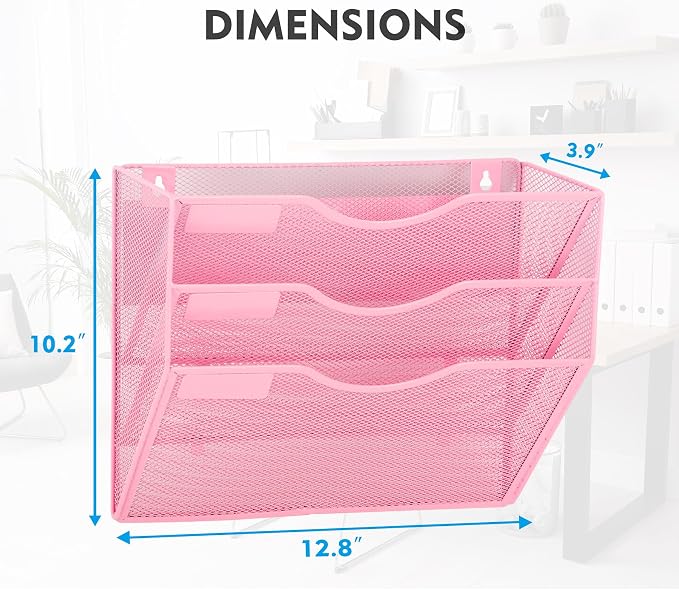 Magnetic 3 Pocket Mesh Hanging Wall File Organizer, Wall Mounted Mail Paper Document Folder Holder, Clipboard Storage Magazine Rack with Nametag Label for Office Home School, Pink - Image 3