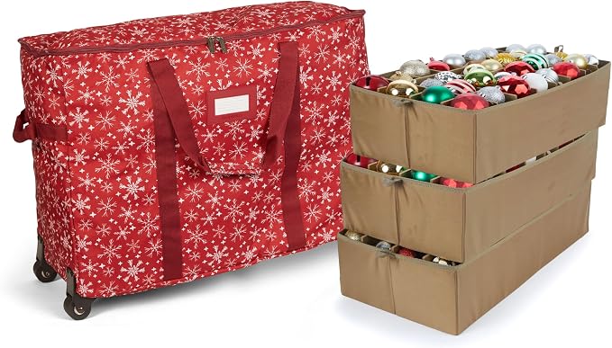 Covermates Keepsakes Rolling Adjustable Ornament Storage Bag – Heavy-Duty Polyester, FlexGrid Trays & Padded Dividers – Protective Holiday Organizer with Wheels, Handles & ID Window, Red Snowflake by Covermates