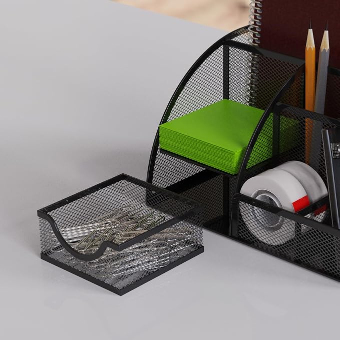 Desk Organizer and Pencil Case with Drawer and 6 Compartments in Black Metal Mesh. Space-Saving Desk Organizer for Pens, Pencils, Sticky Notes, Clips and Staplers - Image 4