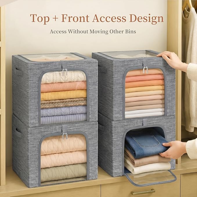 GoMaihe Clothes Storage Bins with Metal Frame for Closet, 40L 6-Pack Grey | Sweaters Hoodies Jeans T-Shirt, Closet Top Shelf Organizer, Steel Frame Collapse-Proof, Stackable, Clear Window, Dual Access - Image 5