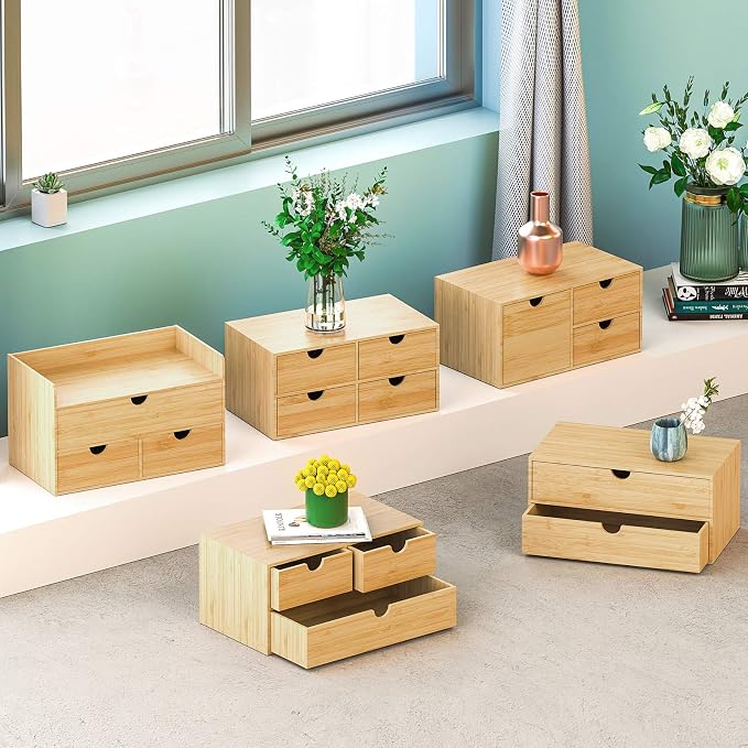 Bamboo Desk Organizer with Drawers, 3-Drawer Desktop Storage Box | 3 Drawers Open Top Tray Fully Assembled Stores Pens, Notes, Makeup, Jewelry & Toiletries for Office, Vanity & Bath - Image 7