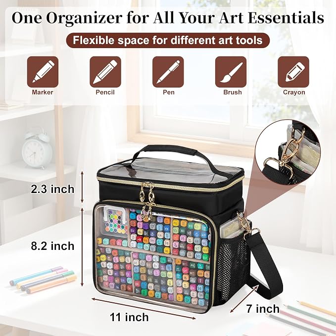 Large Double-Layer Marker Organizer Case for 200-300 Markers, Black | Marker Bag with Removable Dividers, Marker Organizer for Markers, Pencils, Crayons or Other Art Supplies, (Bag Only) - Image 3