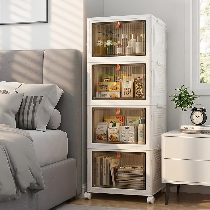 LDQ 136Qt Large Storage Bins with Lids, 4 Tier Stackable Storage Cabinet with Wheels & Clear Doors, Foldable Plastic Closet Organizer for Bedroom, Bathroom & Kitchen - Image 6