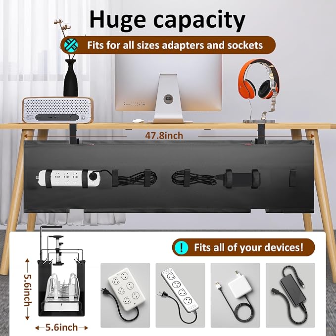48" Gaming Under Desk Cable Management Tray, Black No Drill Cord Organizer for PC Setup, Large Anti-Sag Wire Hider, Stealth Cable Management Net for Battlestation (Black, 47.8") - Image 2