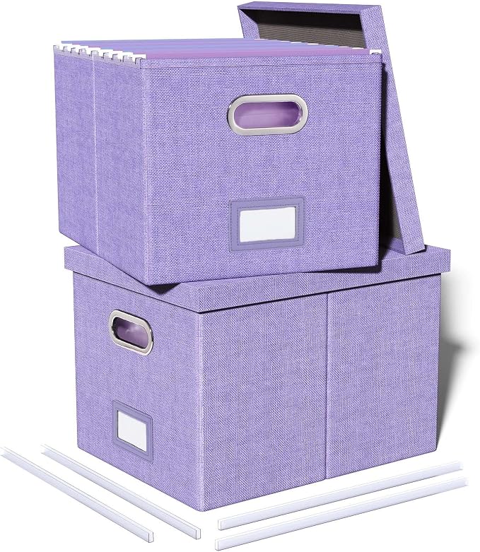 2 Pack File Storage Organizer, Filing Box, Portable File Box with Lid, Fit for Letter/Legal File Folder Storage, Document Organizer, Lavender by Oterri