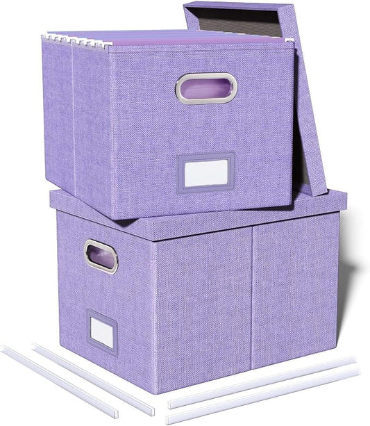 2 Pack File Storage Organizer, Filing Box, Portable File Box with Lid, Fit for Letter/Legal File Folder Storage, Document Organizer, Lavender by Oterri