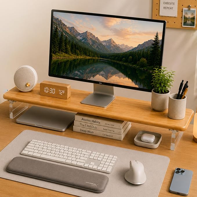 Bamboo Monitor Riser, Wide Desktop Monitor Stand for Desk with Clear Acrylic Legs, 31.5 x 8inch Bamboo Wood Shelf, Fit Keyboard, Home Office Workspace Accessories, Study Stationaries Storage (Natural) by ThreeWayCut