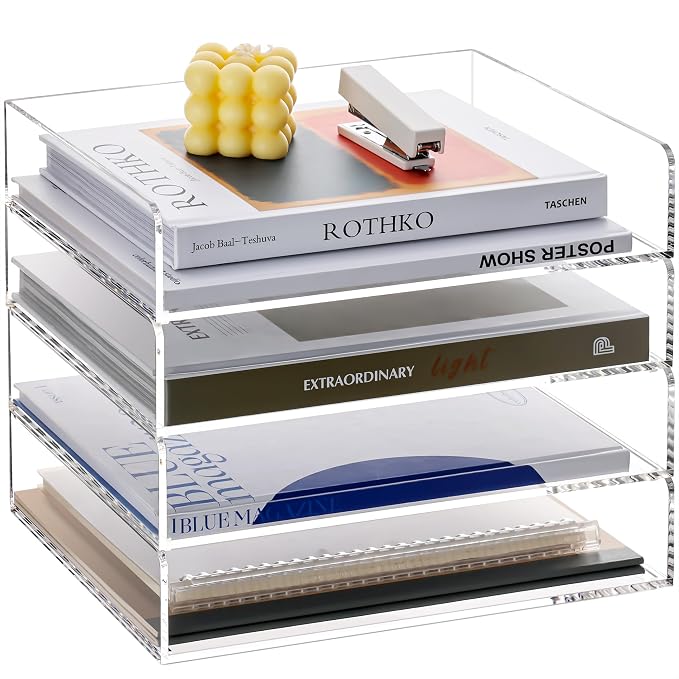HeZone 4 Tier Paper Organizer for Desk,Acrylic Paper Tray,Clear Stackable Desk Organizer for Document, Office File,A4 Paper by HeZone