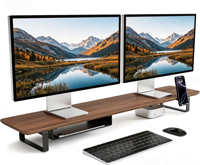 muso wood Dual Monitor Stand with Storage Shelf, 45 Inch Wooden Monitor Riser for 2 Monitors, Walnut Desk Shelf for Computer, Laptop, Screen, TV, Printer by Musowood
