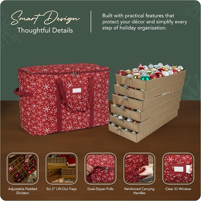 Covermates Keepsakes Adjustable Ornament Storage Bag – Heavy-Duty Polyester, Padded Dividers & FlexGrid Trays – Protective Holiday Ornament Organizer with Handles & Label Window, Red Snowflake - Image 4