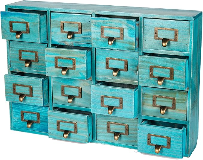Teal 16-Slot Wooden Drawer Unit - Country Style Desk Organizer Box - 20"x3.6”x14” Wooden Storage Box w/ 16 Drawers - Countertop Drawers w/Label Holder & Handle - Slim 4-Level Desk Organizer by PrimoSupply