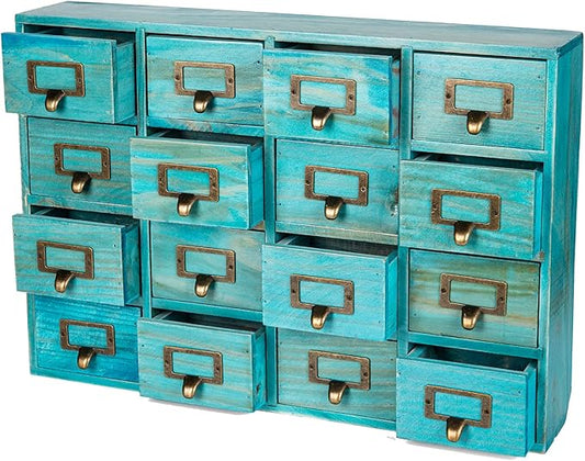 Teal 16-Slot Wooden Drawer Unit - Country Style Desk Organizer Box - 20"x3.6”x14” Wooden Storage Box w/ 16 Drawers - Countertop Drawers w/Label Holder & Handle - Slim 4-Level Desk Organizer by PrimoSupply