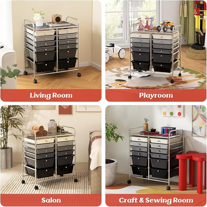 GOFLAME 12-Drawer Rolling Storage Cart, Multipurpose Organizer Cart with 2 Sizes Plastic Drawers, Mobile Utility Cart with Lockable Casters for School, Home Office, Beauty Salon, Gradient Grey - Image 8