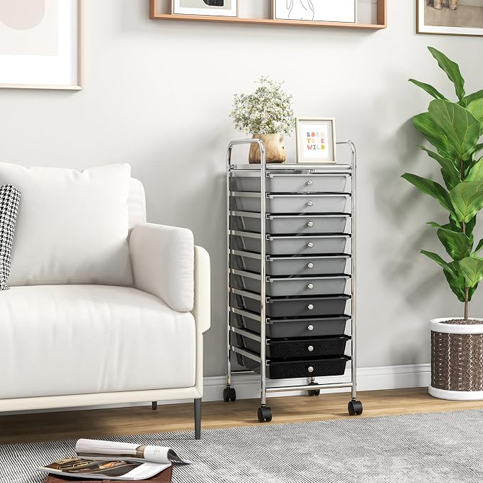 Giantex 10-Drawer Storage Cart w/Universal Wheel, Rolling Cart w/Handle, Home Organizer Storage Unit w/Removable Drawers, Trolley Utility Cart for Kitchen Makeup Living Room Office Play Room - Image 8