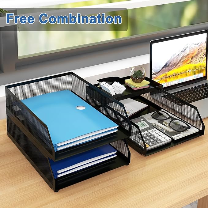 Natwind 3-Tier Stackable Metal Mesh Desk Paper Tray Organizer,Black | Letter Tray For Paper Storage,Desktop Accessories for Office Supplies,File Document Holder For Home School Classroom - Image 4