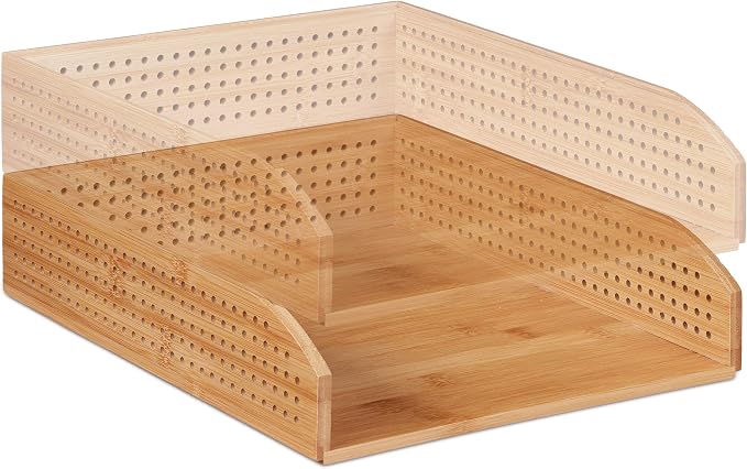 Bamboo Letter Tray, Set of 5, Perforated, Stackable, A4, Office Storage, Study, 7 x 25 x 13 cm, Natural - Image 6