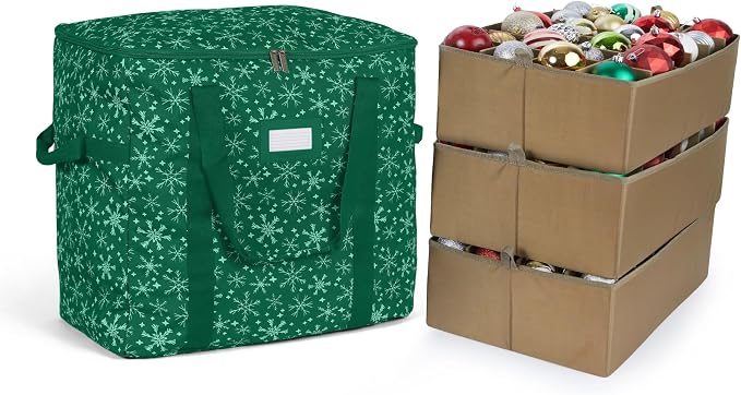 Covermates Keepsakes Adjustable Ornament Storage Bag – Heavy-Duty Polyester, Padded Dividers & FlexGrid Trays – Protective Holiday Ornament Organizer with Handles & Label Window, Green Snowflake by Covermates