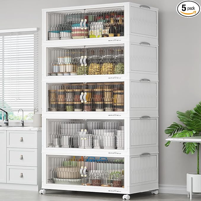BROVIEW 600Qt Stackable Storage Bins with Lid, Extra Large Closet Organizer Collapsible Drawer Boxes with Wheels, Folding Plastic Cabinet Containers for Home Kitchen Room Organization, 5Pack White by BROVIEW-EnjoytheArtofLife