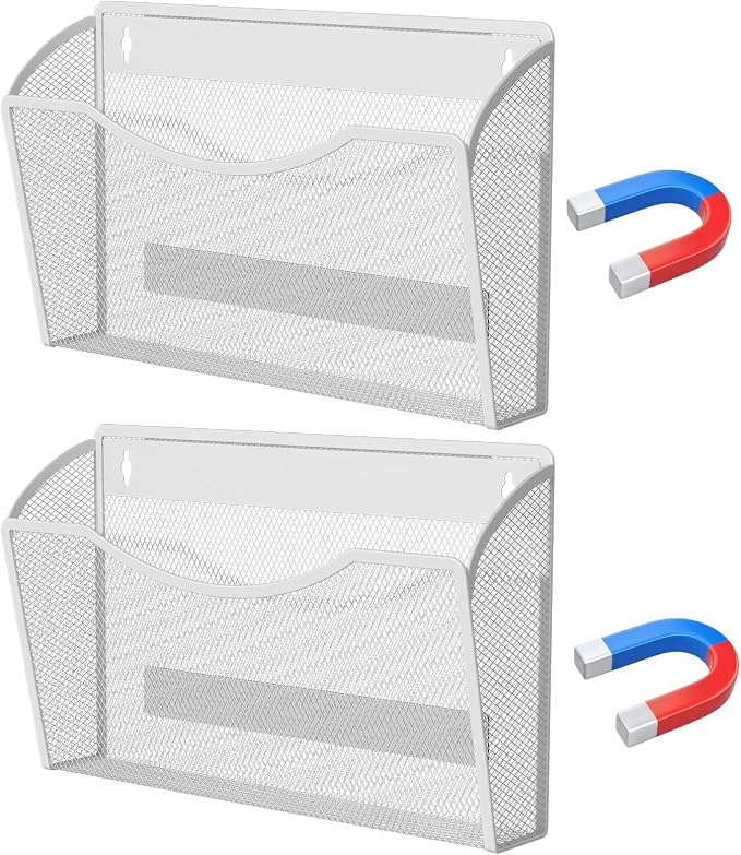 MINDEPOT Magnetic Wall File Organizer, Hanging File Holder, 2 Pack, White | Heavy Duty Iron, Powerful Magnet, Metal Mesh Wall Mount, Single Pocket, for Office School Classroom Home, Letter A4 Size by MINDEPOT