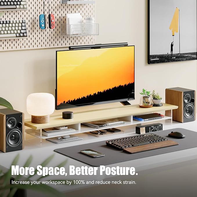 FENSULN Dual‑Tier Monitor Stand for Modern Desk Setup – Minimalist Wooden and Metal Riser Shelf with Transparent Acrylic Feet for Dual Monitors, Laptops, Home Office Aesthetic，Beige and White - Image 3