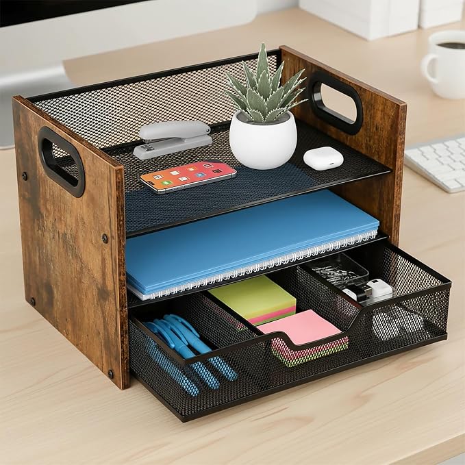 Wood Desk Organizer - 3-Tier Desktop File Organizer with Drawer, Wooden Paper Tray, Office Desk Organzier and Accessories for Papers, Mail, Notebooks, Stationery - Image 4
