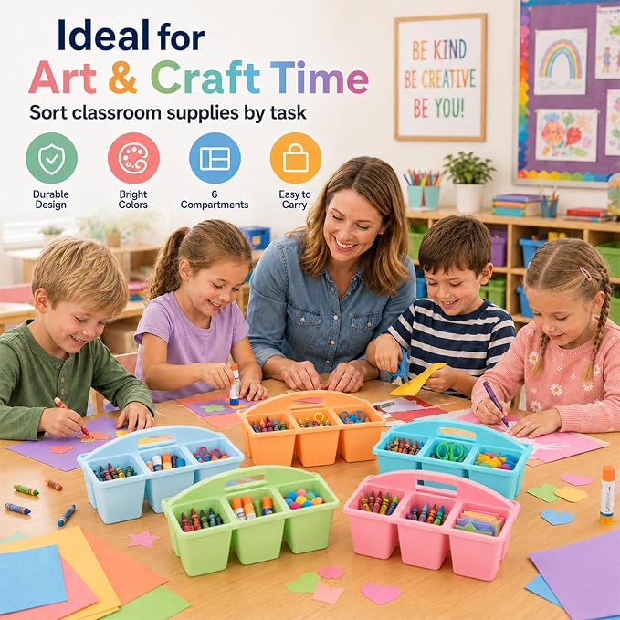 6 Pack Assorted Colors 6 Compartment Classroom Caddy with Handle Portable Plastic Storage Classroom Caddies Organizer for Classrooms Supply Teacher Office Table Desk(Pastel) - Image 5