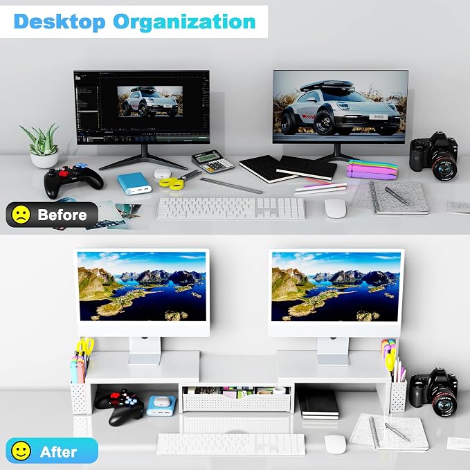 Spacrea Metal Desk Organizers and Accessories, Dual Monitor Stand Riser with Drawer and 2 Pen Holders, Desk Accessories & Workspace Desktop Organizers for Office Supplies (White) - Image 3