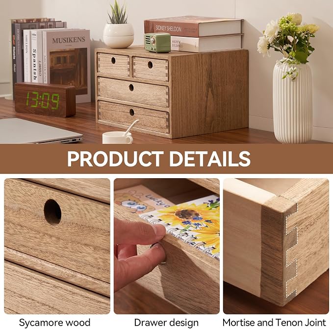 KIRIGEN Wood Desk Organizer with 4 Drawers, Desktop Storage, Brown 34-DBR | 3-Tier Solid Wood Cabinet Holds Letter-Size Paper, Mail, Makeup, Crafts, and Home Office Supplies, Fully Assembled - Image 6
