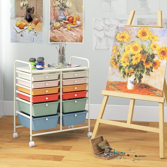 Moccha 12-Drawer Rolling Storage Cart - Utility Cart on Wheels with Lockable Casters for Craft Art Supply Paper Salon, Mobile Drawer Carts for Classroom Teacher School Office, Macaron - Image 8