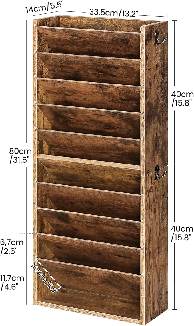 Wall File Organizer, 10-Tier Hanging Mail Organizer, Wall Mount File Holder with 4 Side Hooks, Mail and Storage Organizer, Wooden Vertical Hanging Holder for Office, Rustic Brown MWJ03FG - Image 2