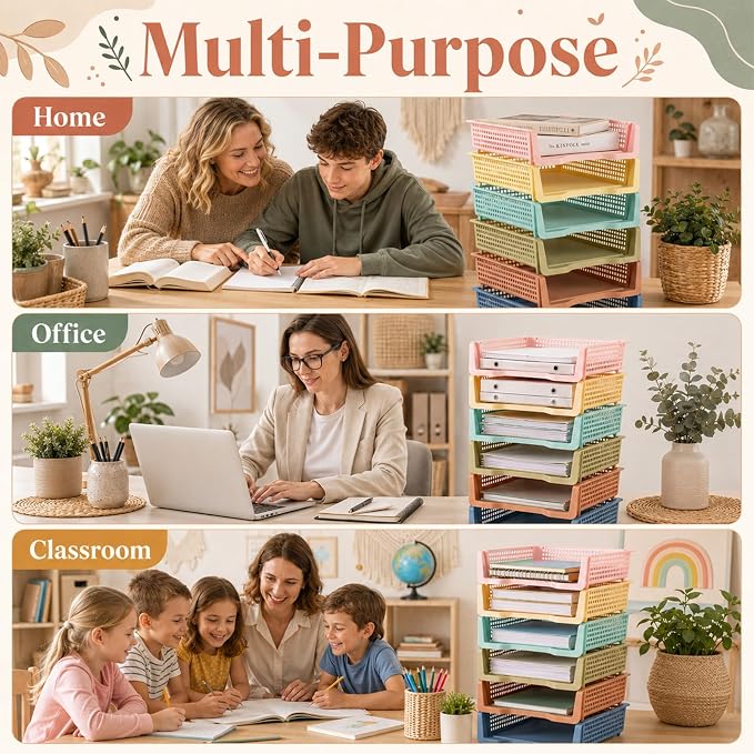 Set of 12 Boho Turn in Trays for Teachers Stackable Classroom Paper Letter Trays Plastic Classroom Desk Letter Organizer Tray Storage Baskets for Library, Drawers, Office, Home - Image 6