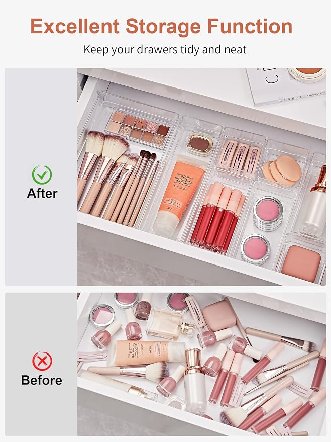 SMARTAKE 29 PCS Drawer Organizer, 4-Size Desk Bathroom Drawer Organizer | 4-Size Storage Tray with Non-Slip Silicone Pads for Makeup, Jewelries, Utensils in Bedroom Dresser, Office and Kitchen Clear - Image 4