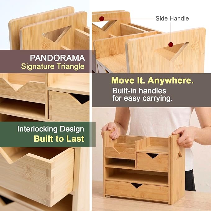 Pandorama Bamboo Desk Organizer Medium - Drawers & Adjustable File Holder, Fully Assembled Wood Desktop Storage for Kitchen, Bedroom, Bathroom, Study Room - Image 5