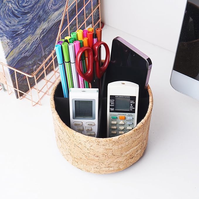 Round Leather Art Supply Organizer,Remote Control Holder,360 Degree Spinning,Multi-Functional Pencil Holder,4 Compartments Desktop Stationary Organizer(1-Wood Leather Gold)