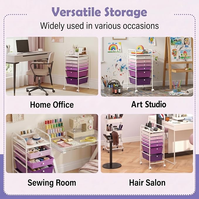 COSTWAY 6-Drawer Rolling Storage Cart, Art Craft Tools Organizer on Wheels | Multifunctional Heavy Duty Utility Mobile Storage Trolley w/ 2 Lockable Wheels for Home Office School (Purple Gradient) - Image 7